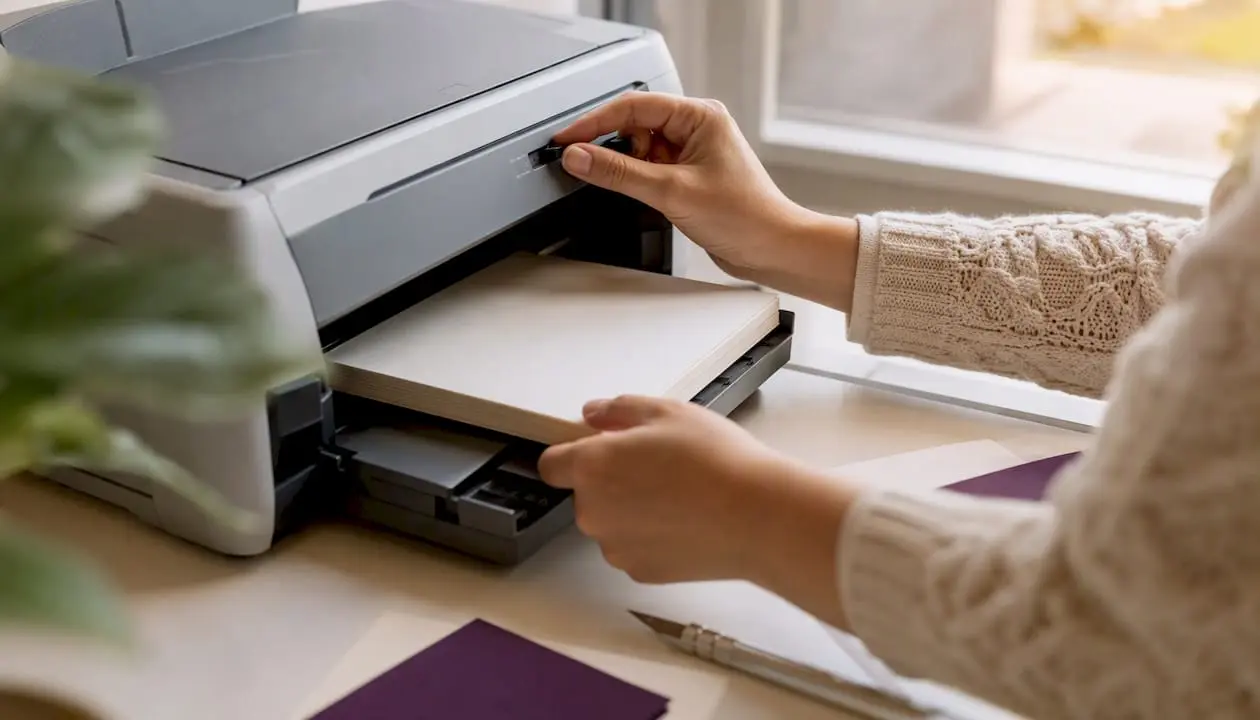 Hands loading cardstock into inkjet printer tray