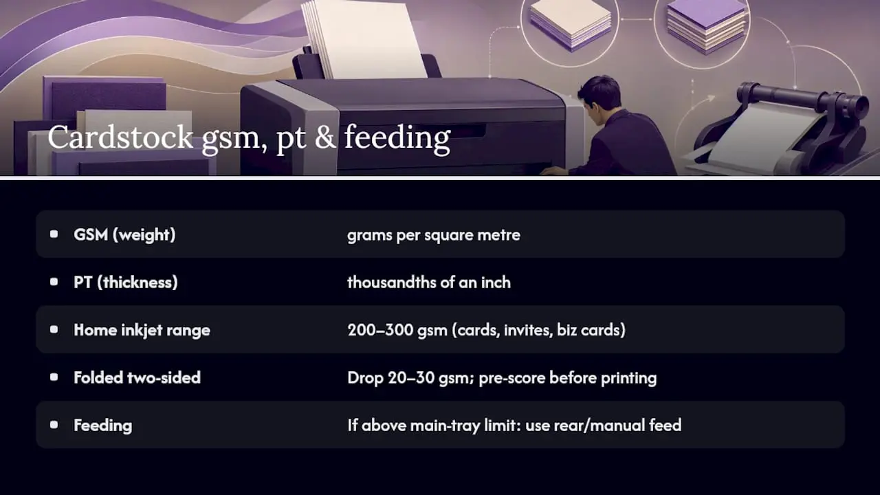 Diagram comparing cardstock weight, thickness, and printer feed options