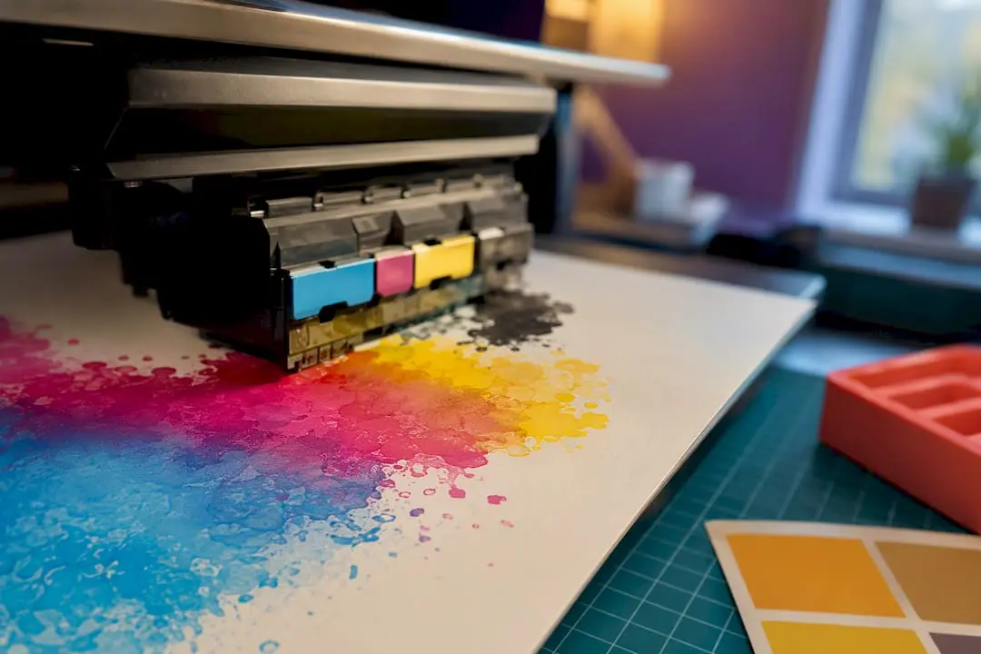 Ink droplets forming colors on craft paper