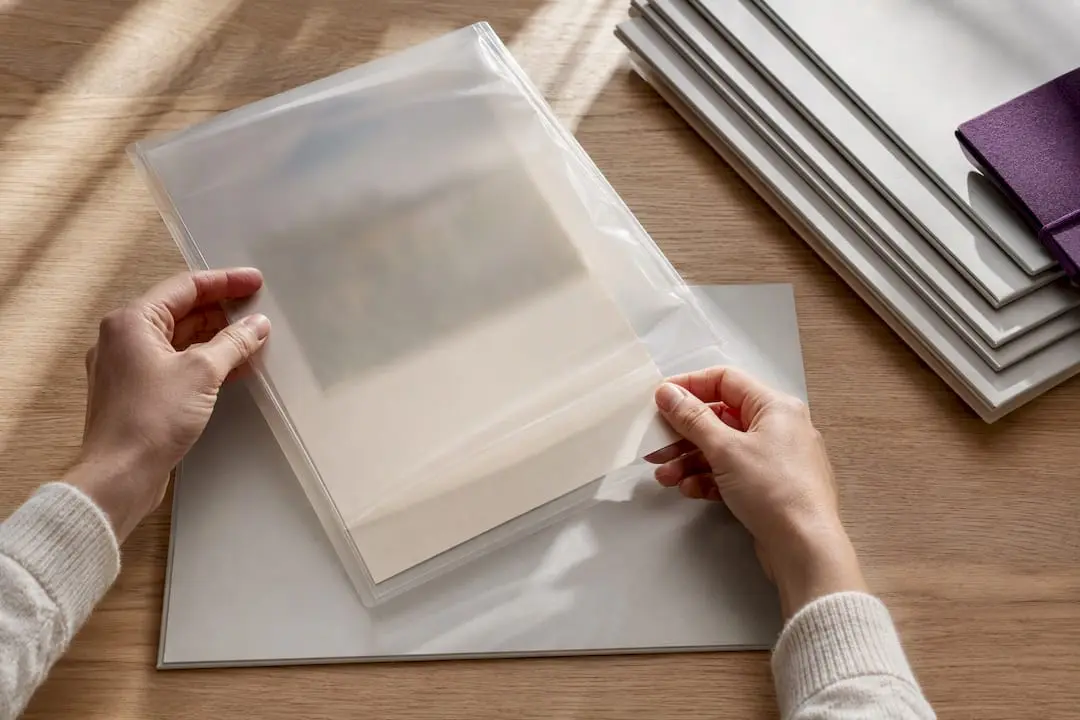 Printed sheet entering an archival protective sleeve