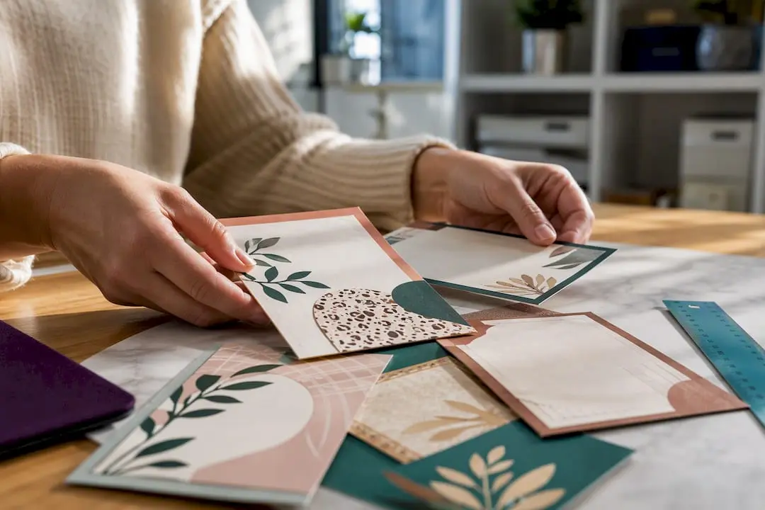 Cropped printable card panels on craft table