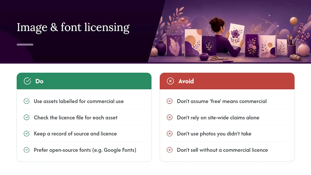 Legal considerations for images and fonts in printable card designs — overview diagram
