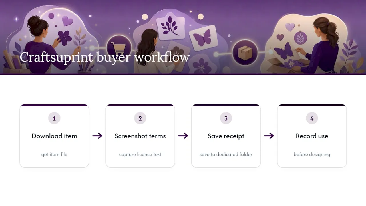 Four-step clipart licence recordkeeping workflow