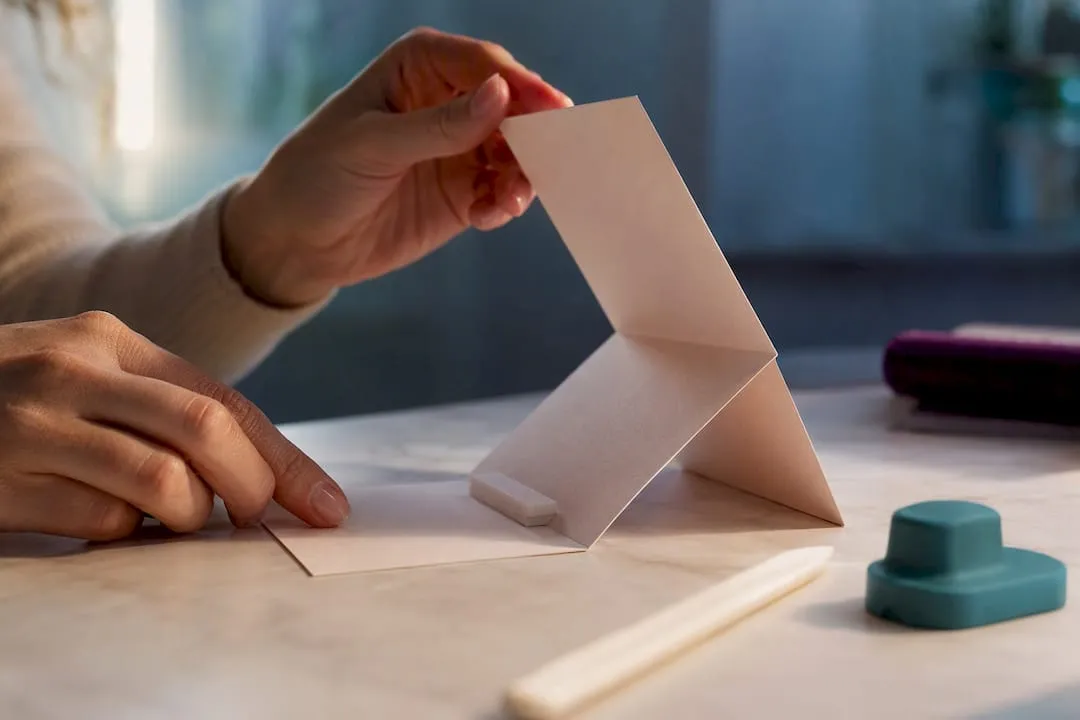 Hands testing folded easel card panel