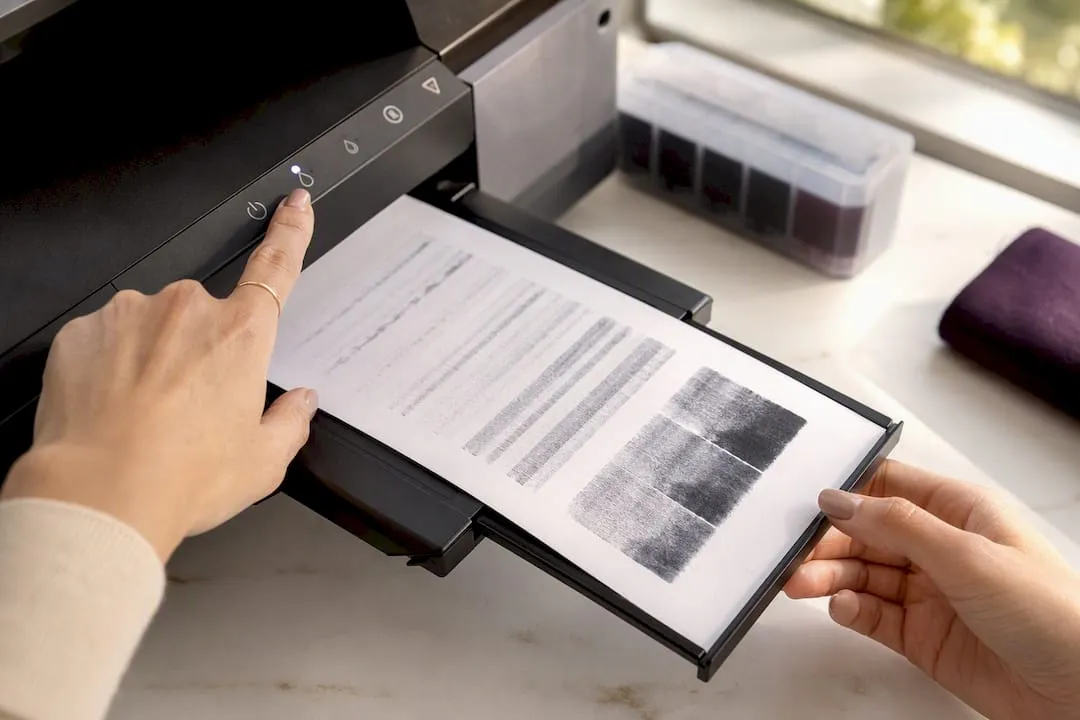Hands starting a printer printhead cleaning cycle