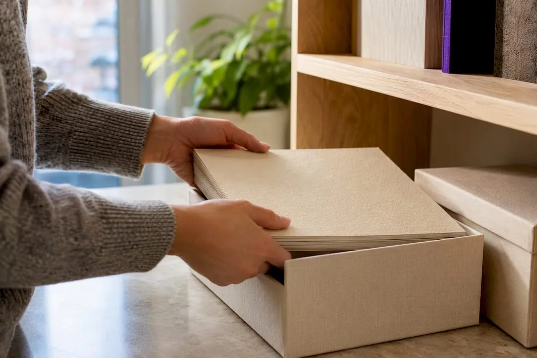 Textured cardstock acclimating in craft room