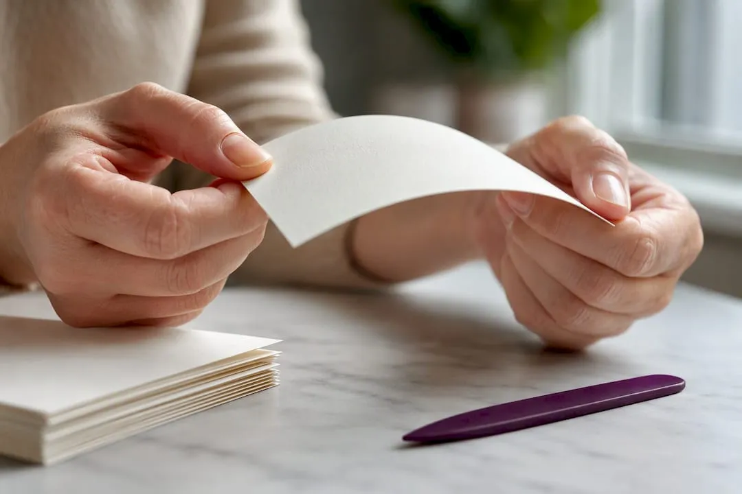 Hands testing cardstock grain by flexing paper