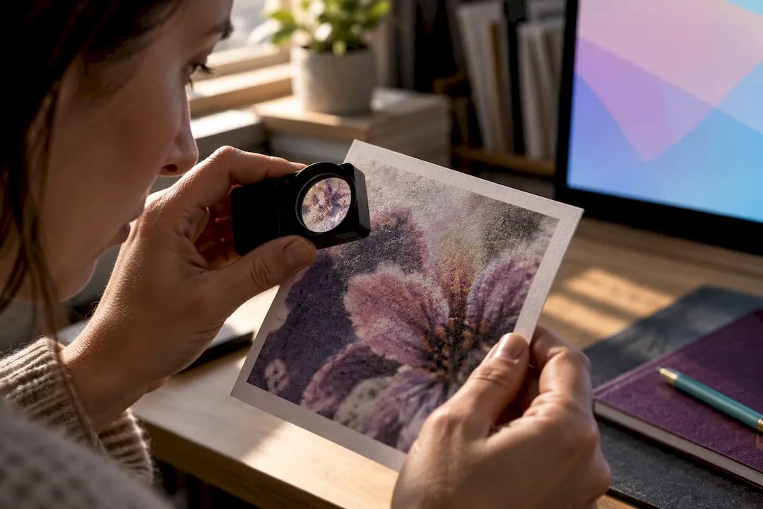 Loupe examining a blurry printed craft image