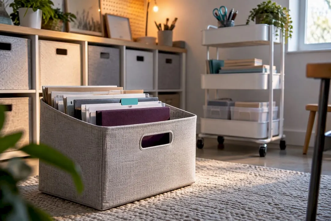Craft file totes beside an active rolling cart