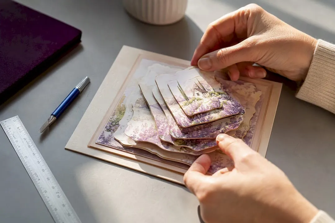 Hands aligning layered pyramage paper pieces