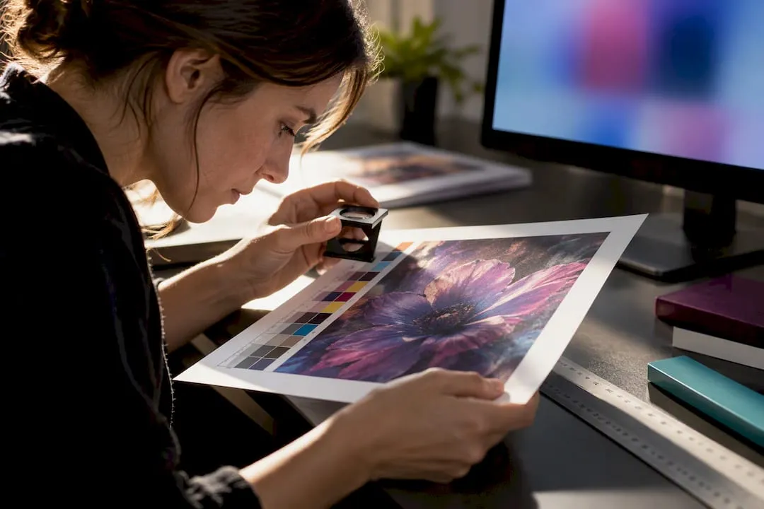 Designer comparing printed color proof and calibration target
