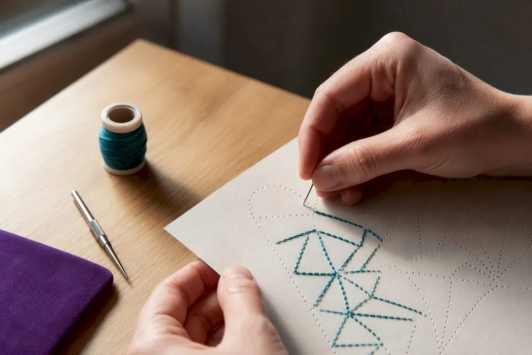 Hands stitching a cropped cardstock card