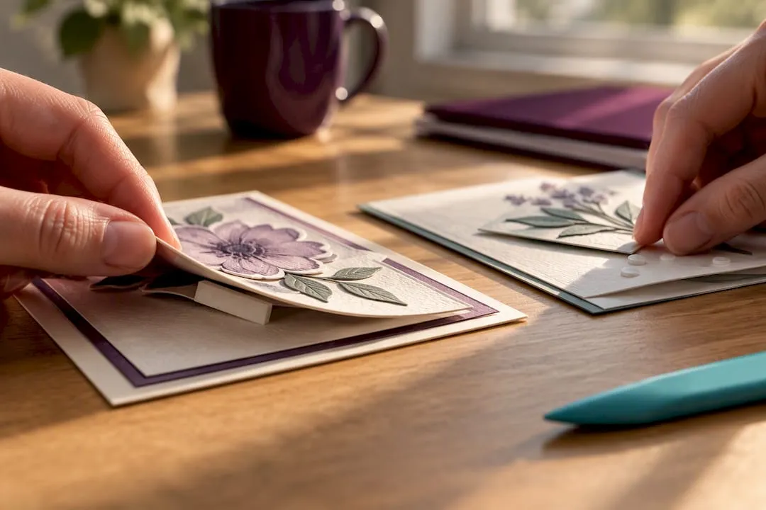 Hands comparing adhesives on layered card elements