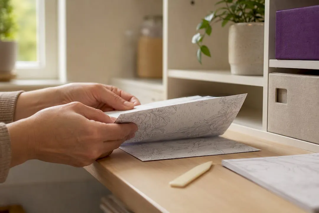 Hands folding a printed card test sheet