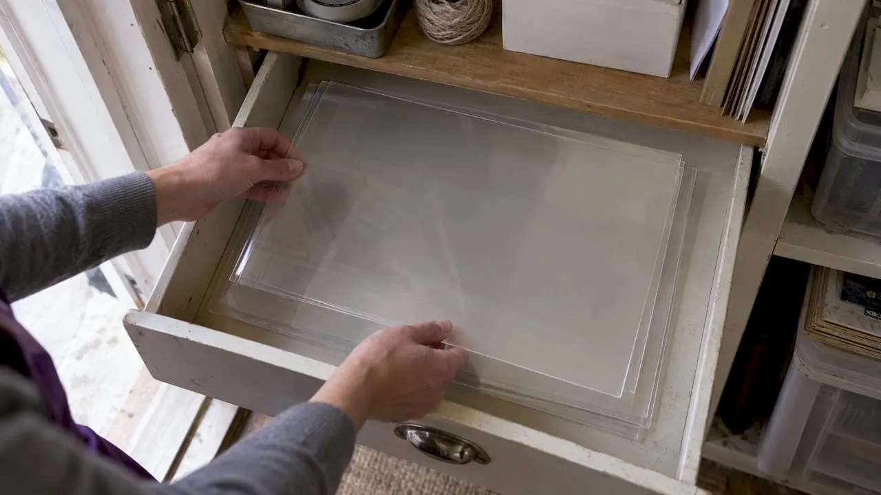 Clear acetate sheets stored flat in drawer