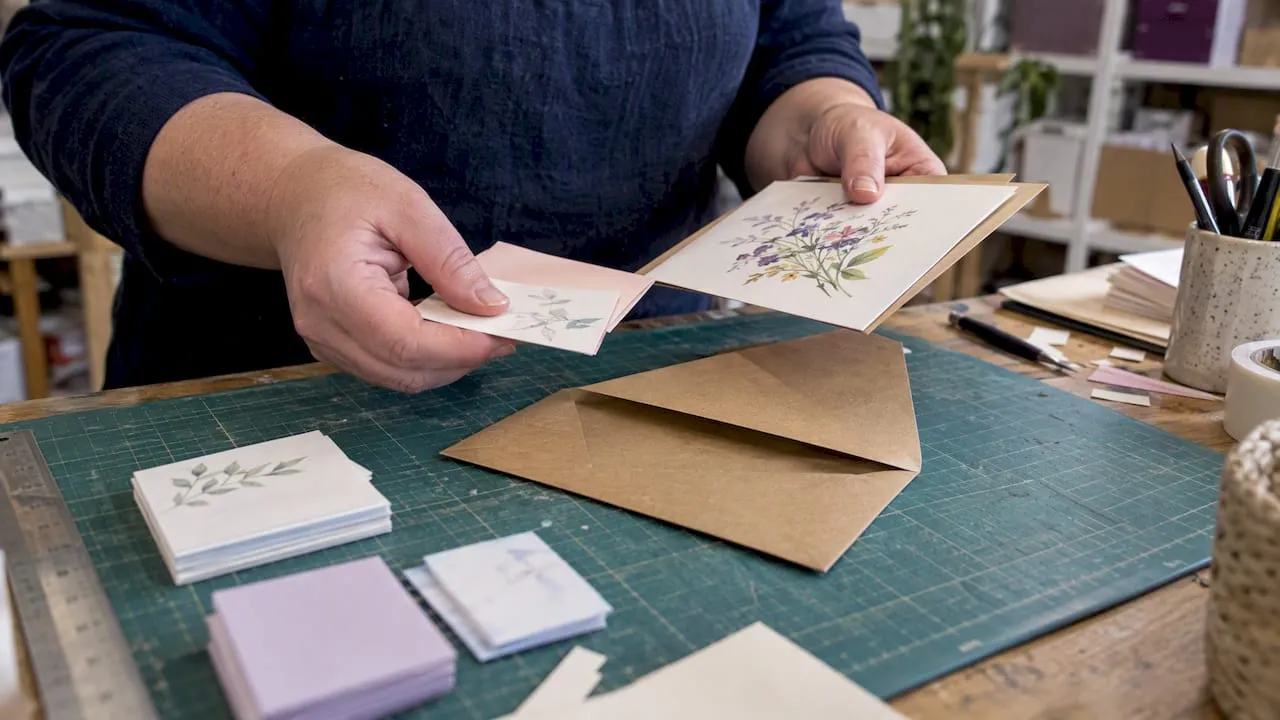 Promotional card inserts beside an envelope