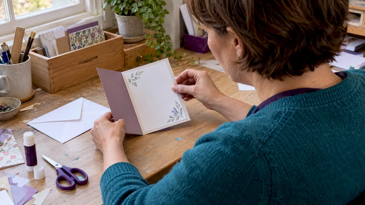 Crafter attaching insert inside handmade card