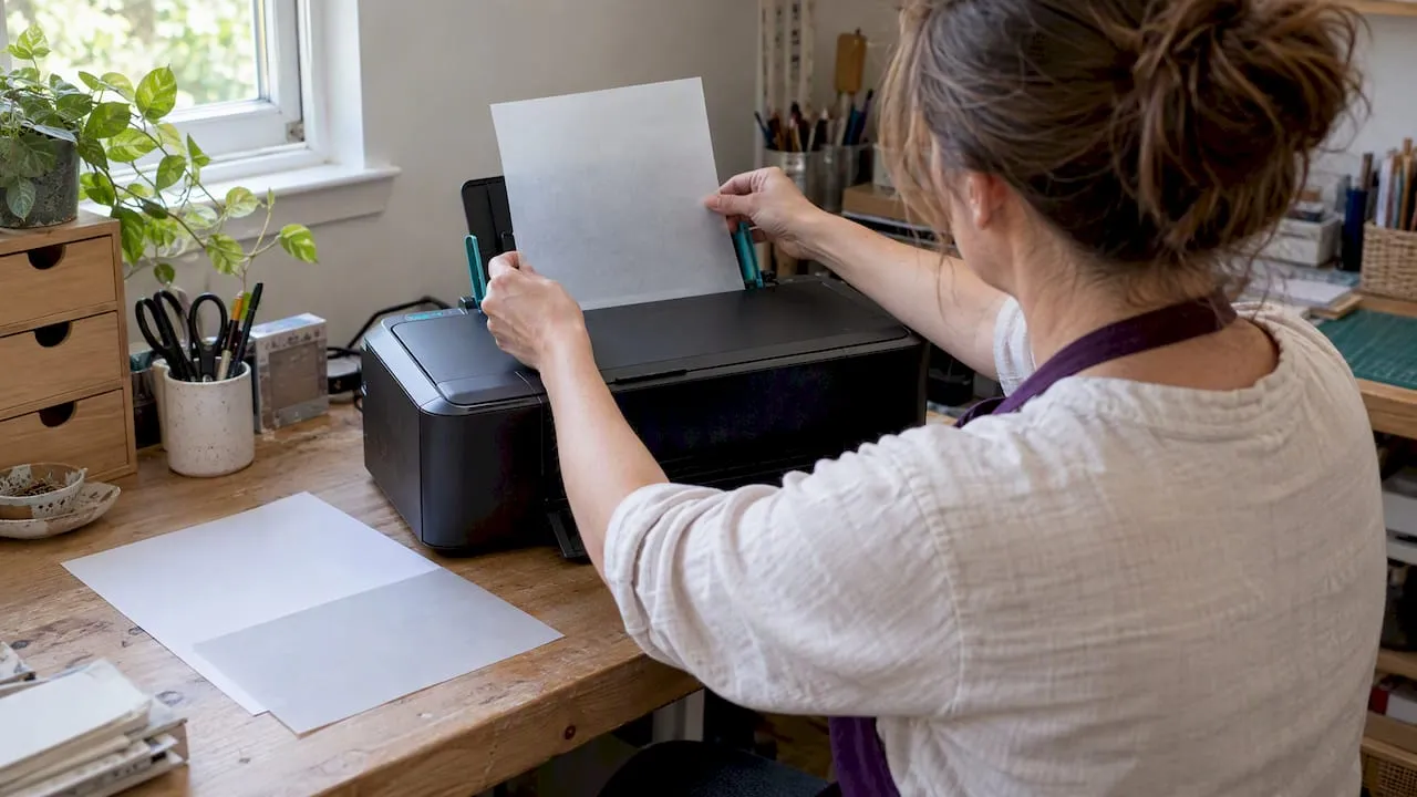 Crafter manually feeding vellum into printer